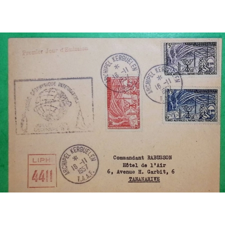 YT N°8 + 9 + 10 ANNEE GEOPHYSIQUE INTERNATIONALE ARCHIPEL KERGUELEN TAAF ENVELOPPE PREMIER JOUR POUR MADAGASCAR 1957