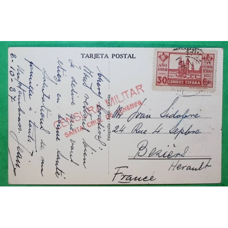 TARJETA POSTAL CARTE POSTALE LAS PALMAS CENSURE CENSURA MILITAR SANTA CRUZ DE TENERIFE POUR BEZIERS FRANCE 1937