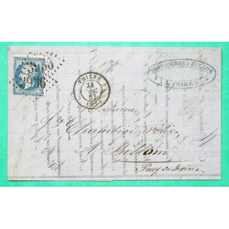 N°22 GROS CHIFFRE PRECOCE 24 DECEMBRE 1862 3936 THIERS PUY DE DOME POUR BILLOM