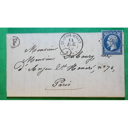 N°14 PC 878 CLAYE SOUILLY SEINE ET MARNE BOITE RURALE F CHARNY POUR PARIS 1859 LETTRE COVER FRANCE