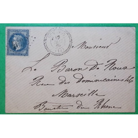 N°29 VARIETE TRAIT DEVANT LE FRONT GC 4638 CAD TYPE 22 BUREAU SUPPLEMENTAIRE GEMENOS BOUCHES DU RHONE 1869 COVER FRANCE