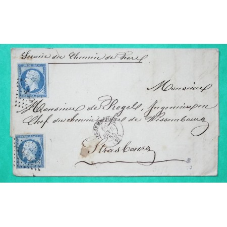N°14 x2 BLEU LAITEUX PC 3693 WISSEMBOURG BAS RHIN DOUBLE PORT POUR CHEF CHEMIN DE FER STRASBOURG 1855