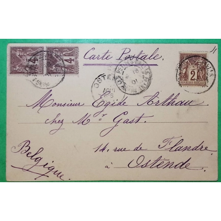 N°85 + 88 x2 SAGE BEL AFFRANCHISSEMENT 10C CARTE POSTALE LES PETITES DALLES SEINE MARITIME POUR OSTENDE BELGIQUE 1901