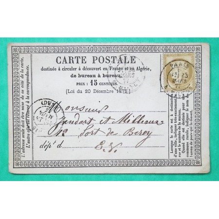 N°55 CARTE PRECURSEUR PARIS R. MILTON POUR PARIS BERCY TARIF 5C EN TROP 1877