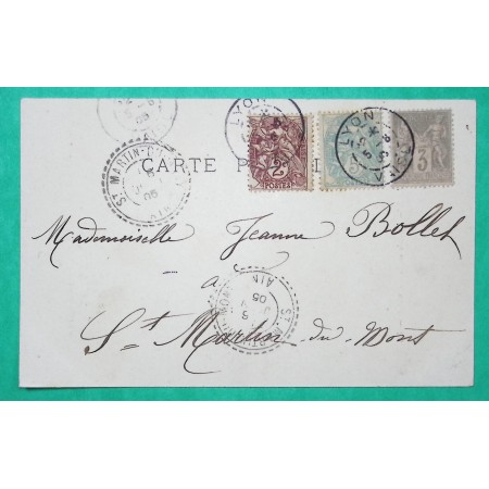 N°87 + 108 + 111 MIXTE SAGE BLANC CARTE POSTALE LYON POUR ST MARTIN DU MONT AIN 1905