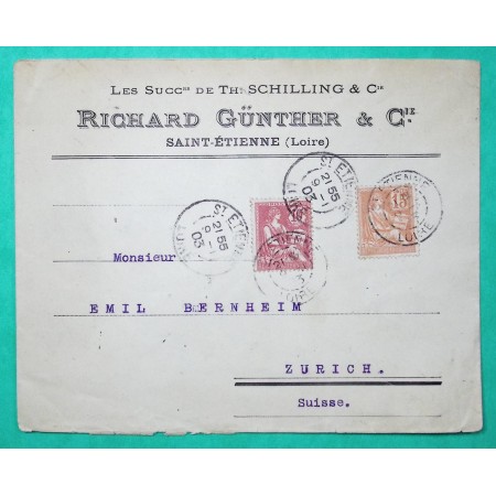 N°117 + 124 MIXTE MOUCHON RETOUCHE LETTRE ST ETIENNE LOIRE POUR ZURICH SUISSE 1903
