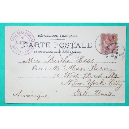 N°124 MOUCHON RETOUCHE CARTE POSTALE GEX HOTEL DE LA FAUCILLE AIN POUR NEW YORK ETATS UNIS 1905