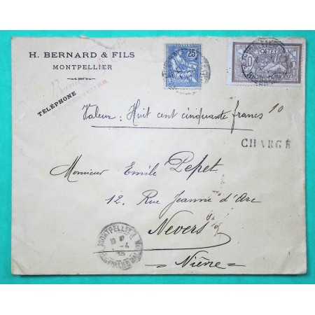 N°120 + 127 MIXTE MERSON MOUCHON RETOUCHE LETTRE CHARGE MONTPELLIER HERAULT POUR NEVERS NIEVRE 1905