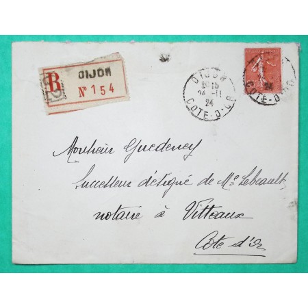 N°204 SEMEUSE 85C ROUGE LIGNEE SEUL SUR LETTRE RECOMMANDE DIJON COTE D'OR POUR VITTEAUX 1924