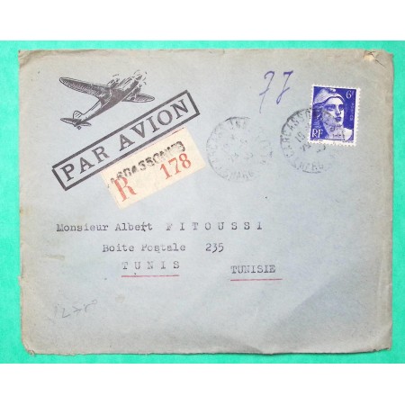 N°720 MARIANNE DE GANDON 6F RECOMMANDE PAR AVION CARCASSONNE AUDE POUR TUNIS TUNISIE ETIQUETTE DOUANE VERSO 1945