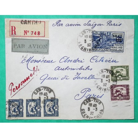 RECOMMANDE PAR AVION CANTHO INDOCHINE POUR ANDRE CITROËN CROISIERE JAUNE 1932