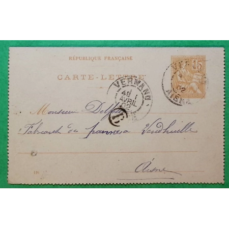 ENTIER MOUCHON 15C CARTE LETTRE CAD VERMAND AISNE BOITE RURALE B JEANCOURT 1902 LETTRE COVER FRANCE