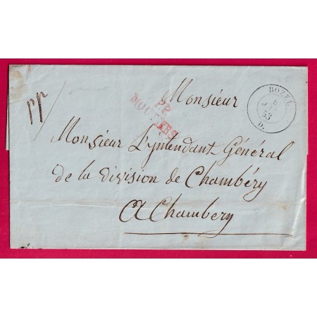 CAD SARDE BOZEL SAVOIE + MARQUE PP MOUTIERS EN ROUGE 1853 POUR CHAMBERY