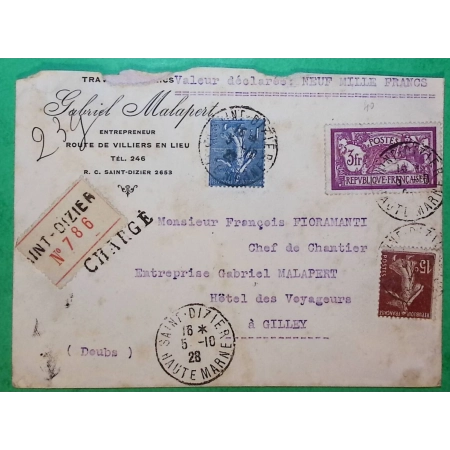 N°189 + 205 + 240 MIXTE SEMEUSE MERSON LETTRE CHARGE SAINT DIZIER HAUTE MARNE POUR GILLEY DOUBS 1928 LETTRE COVER FRANCE