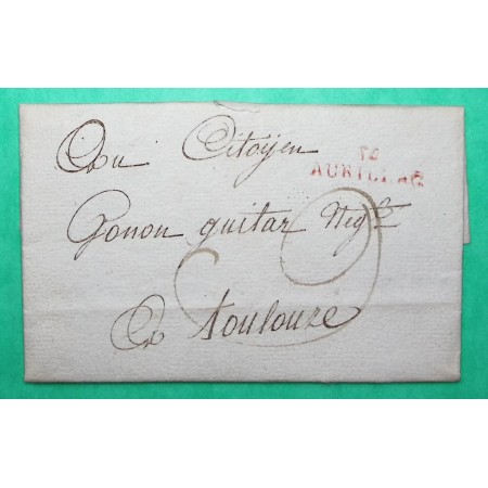 MARQUE 14 AURILLAC ROUGE CANTAL POUR TOULOUSE HAUTE GARONNE PERIODE REVOLUTIONNAIRE 28.5x8 1797