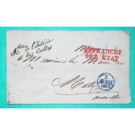 FRANCHISE MINISTERE DE L'INTERIEUR ET DES CULTES AFFRANCHI PAR ETAT PARIS 1834