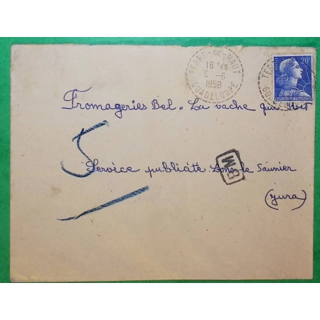 N°1011B MARIANNE MULLER CAD TERRE DE HAUT GUADELOUPE BM BOITE MOBILE POUR FROMAGERIE BEL VACHE QUI RIT JURA 1958 FRANCE