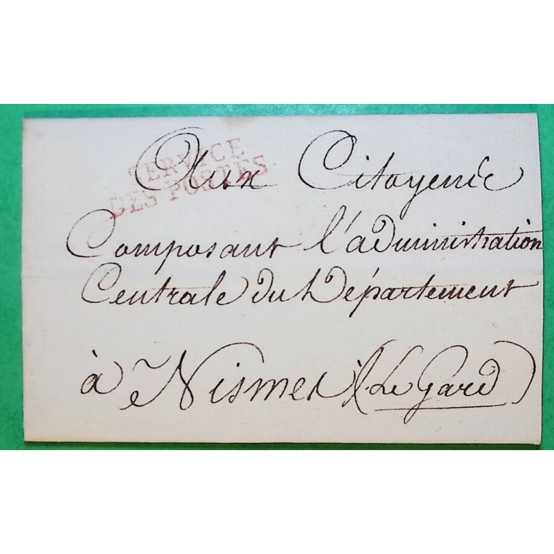 MARQUE SERVICE DES POSTES ROUGE PARIS AVEC CACHET D'ARRIVEE SPECIAL A NIMES GARD VERSO LETTRE COVER FRANCE