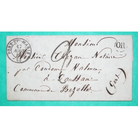 CAD TYPE 15 PORT STE MARIE LOT ET GARONNE OR ORIGINE RURALE MENEAUX TAXE TAMPON 2 POUR BEZOLLES GERS 1849