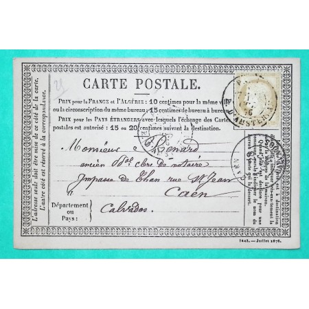 N°55 CARTE PRECURSEUR CAD PARIS R. D'AMSTERDAM POUR CAEN CALVADOS 1876