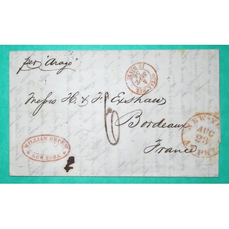 BELLE LETTRE NEW YORK ETATS UNIS USA OUTREMER LE HAVRE BATEAU ARAGO POUR BORDEAUX 1856