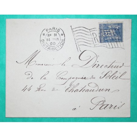 N°90 SAGE FLAMME DRAPEAU PARIS DISTRIBUTION 1900 POUR PARIS RUE DE CHATEAUDUN