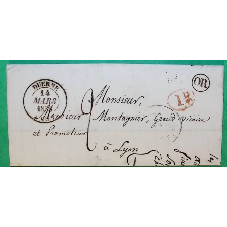 CAD TYPE 14 DUERNE RHONE OR + DECIME RURAL ARGENTIERE POUR LYON 1839 LETTRE COVER FRANCE