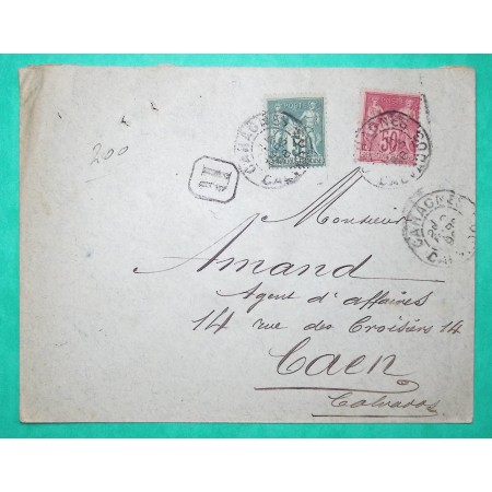N°75 + 98 SAGE RECOMMANDE CAD TYPE A CAHAGNES CALVADOS POUR CAEN 1898