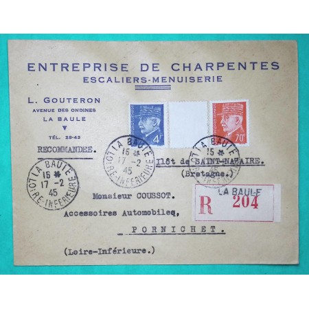 N°511 + 521A PETAIN HOURRIEZ BELLE ENVELOPPE RECOMMANDE POCHE DE ST NAZAIRE LA BAULE LOIRE INFERIEURE 1945