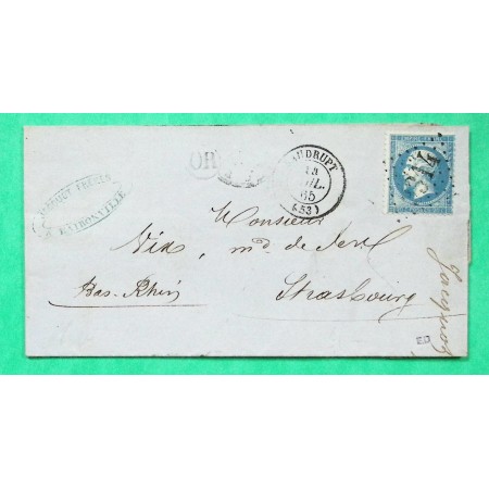 N°22 GC 3314 SAUDRUPT MEUSE OR ORIGINE RURALE HAIRONVILLE POUR STRASBOURG BAS RHIN 1865