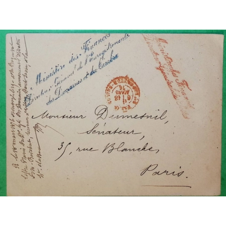 BELLE FRANCHISE MINISTERE DES FINANCES AVEC GRIFFE ROUGE ET BLEUE PARIS CONTRE-SEINGS 1876 LETTRE COVER FRANCE
