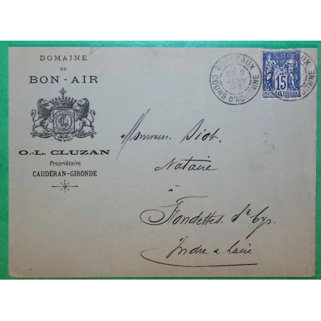 N°90 SAGE BELLE ENVELOPPE ILLUSTREE DOMAINE DE BON AIR BORDEAUX GIRONDE POUR FONDETTES INDRE ET LOIRE 1893 COVER FRANCE