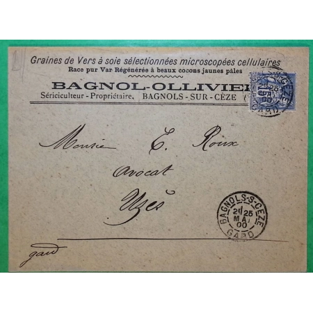 N°90 SAGE BELLE ENVELOPPE A ENTÊTE GRAINES DE VERS A SOIE BAGNOLS SUR CEZE GARD POUR UZES 1900 LETTRE COVER FRANCE
