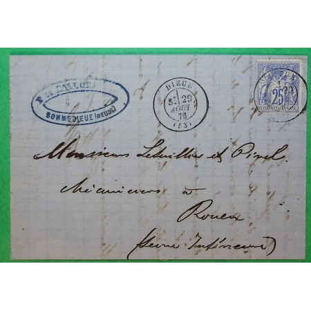 N°68 SAGE 25C OUTREMER SEUL SUR LETTRE CAD TYPE 17 DIEUE MEUSE POUR ROUEN SEINE INFERIEURE 1876 LETTRE COVER FRANCE