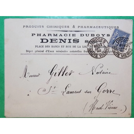 N°90 SAGE BELLE ENVELOPPE A ENTÊTE PHARMACIE DUBOYS LIMOGES HAUTE VIENNE POUR ST LAURENT DU GORRE 1882 COVER FRANCE