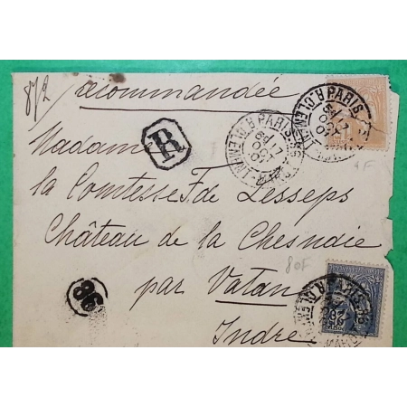 N°117 + 118 MOUCHON RECOMMANDE PARIS RUE CLEMENT MAROT POUR CHATEAU DE LA CHENAIE VATAN INDRE 1901 COVER FRANCE
