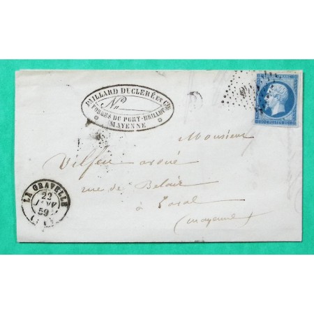 N°14 PC 1446 LA GRAVELLE MAYENNE BOITE RURALE FORGES DU PORT BRILLET POUR LAVAL 1859