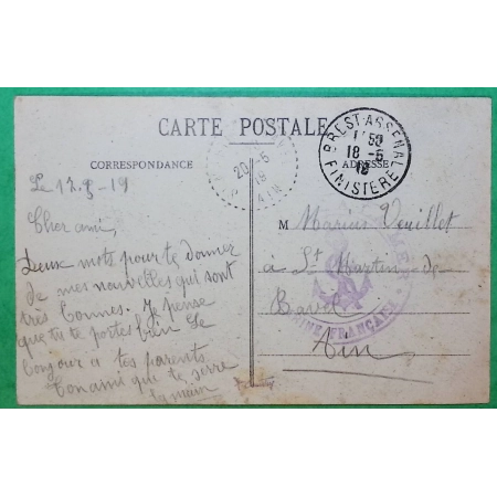 FRANCHISE MILITAIRE FM BREST ARSENAL FINISTERE MARINE FRANCAISE SERVICE A LA MER POUR ST MARTIN DE BAVEL AIN 1919 WW1