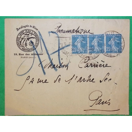 N°140 x3 SEMEUSE LETTRE PNEUMATIQUE PARIS RUE DES ABBESSES ENTÊTE AU PLAISIR DE DIEU POUR PARIS RUE DE L'ARBRE SEC 1925