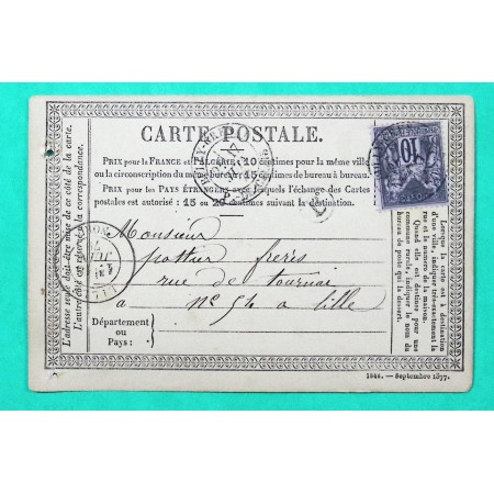 N°89 SAGE CARTE PRECURSEUR CAD TYPE 18 BULLY GRENAY PAS DE CALAIS BOITE RURALE B AIX NOULETTE 1879