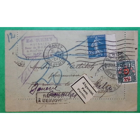 N°140 SEMEUSE BDF + TAXE DE REEXPEDITION 20C SUISSE DEPART NANCY POUR GENEVE + RETOUR ENVOYEUR 1921 LETTRE COVER FRANCE