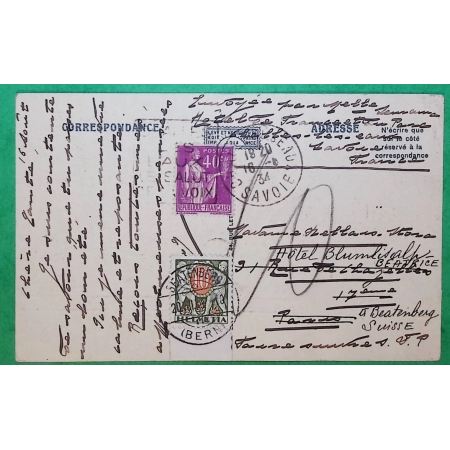 N°281 PAIX + TAXE DE REEXPEDITION 10C SUISSE DEPART CHALLES LES EAUX SAVOIE POUR BEATENBERG SUISSE 1934 CP COVER FRANCE