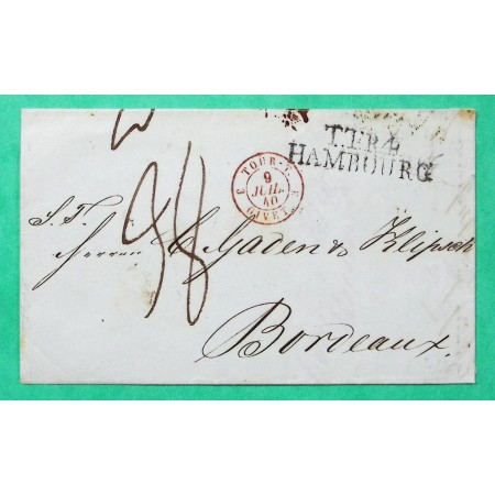 LETTRE HAMBOURG ALLEMAGNE CACHET ENTREE TOUR ET TAXIS 3 GIVET ARDENNES ROUGE POUR BORDEAUX 1840