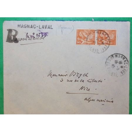 N°655 x2 IRIS RECOMMANDE PROVISOIRE MAGNAC LAVAL MAYENNE POUR NICE ALPES MARITIMES 1945 LETTRE COVER FRANCE