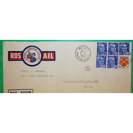 N°886 x5 + 952 MARIANNE DE GANDON BELLE ENVELOPPE PUB PAR AVION ROS AIL POUR CHICAGO ETATS UNIS USA 1954 COVER FRANCE