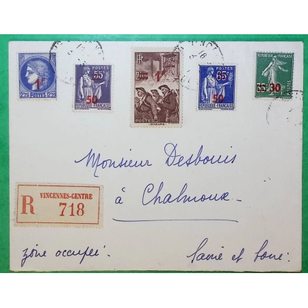 N°476 + 478 + 479 + 487 + 489 AFFRANCHISSEMENT PHILATELIQUE TIMBRES SURCHARGES RECOMMANDE VINCENNES POUR CHALMOUX FRANCE