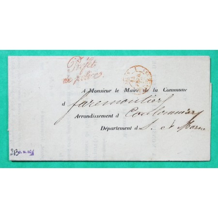LETTRE NOURRICE PREFET DE POLICE PARIS FRANCHISES ROUGE POUR FAREMOUTIERS SEINE ET MARNE 1852