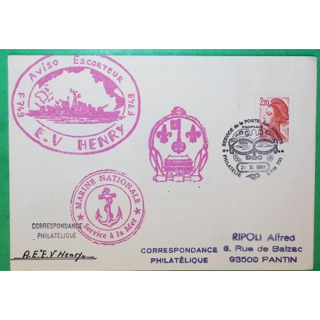 N°2376 LIBERTE DE GANDON 2F20 CORRESPONDANCE PHILATELIQUE SERVICE DE LA POSTE AUX ARMEES PACIFIQUE 1988 COVER FRANCE