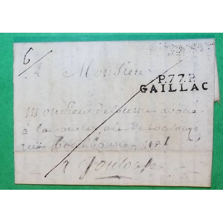 MARQUE P77P GAILLAC TARN PORT PAYE POUR TOULOUSE HAUTE GARONNE 34x8 1826 LETTRE COVER FRANCE