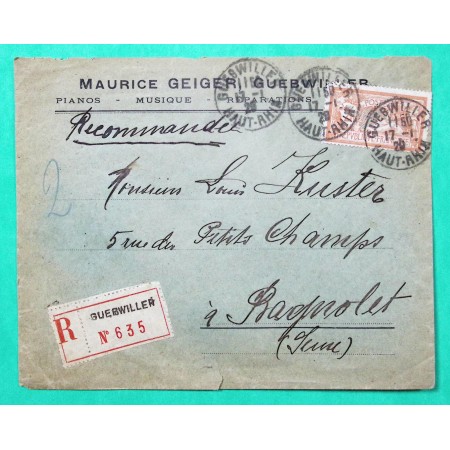 N°145 2F ORANGE MERSON SEUL SUR LETTRE RECOMMANDE GUEBWILLER HAUT RHIN PUB PIANOS MUSIQUE 1920